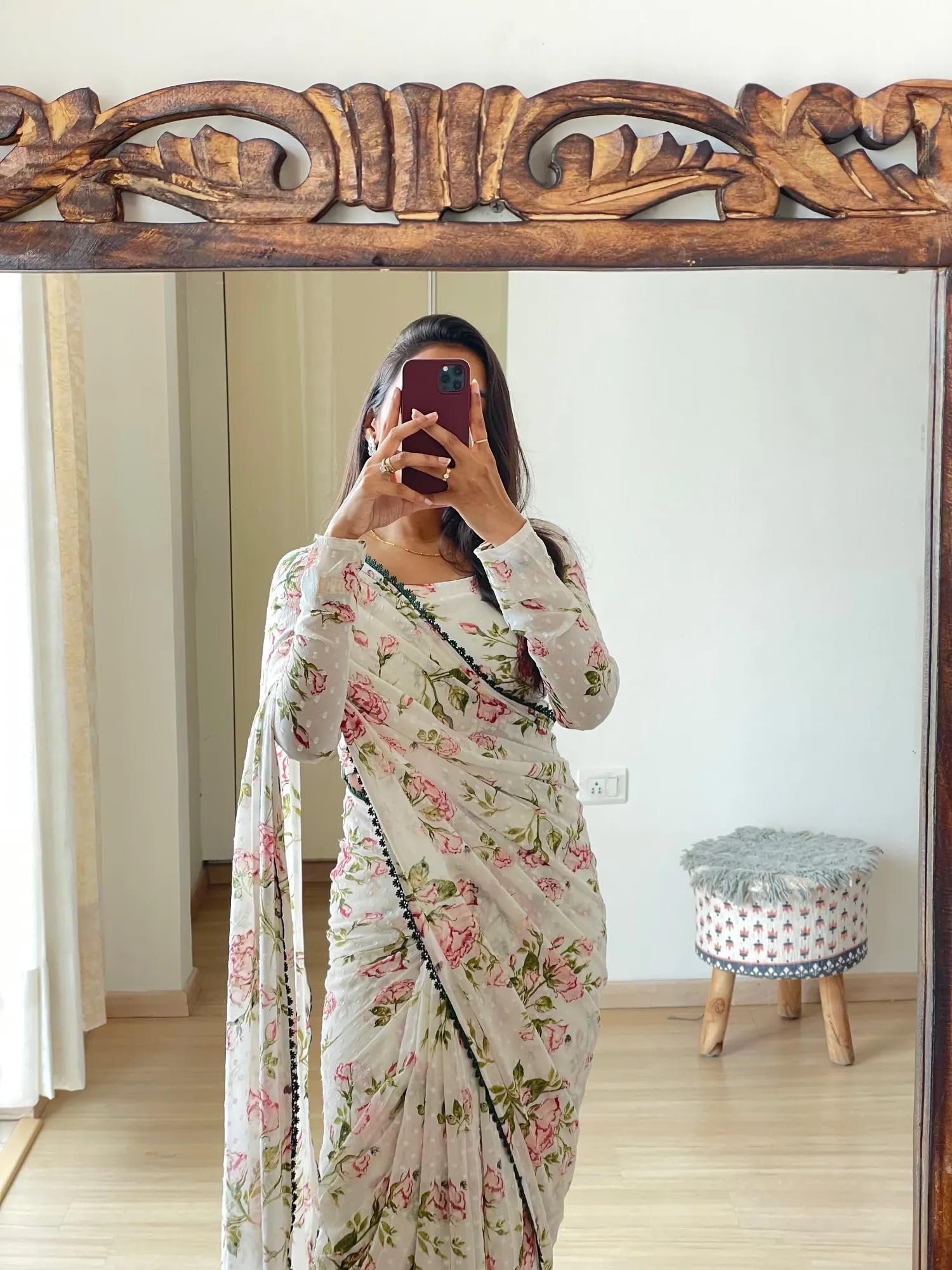 Sidhidata Women's Georgette Printed Ready To Wear one Minute Saree With Unstitched Blouse Piece (1000 Butty White_White_Free Size)