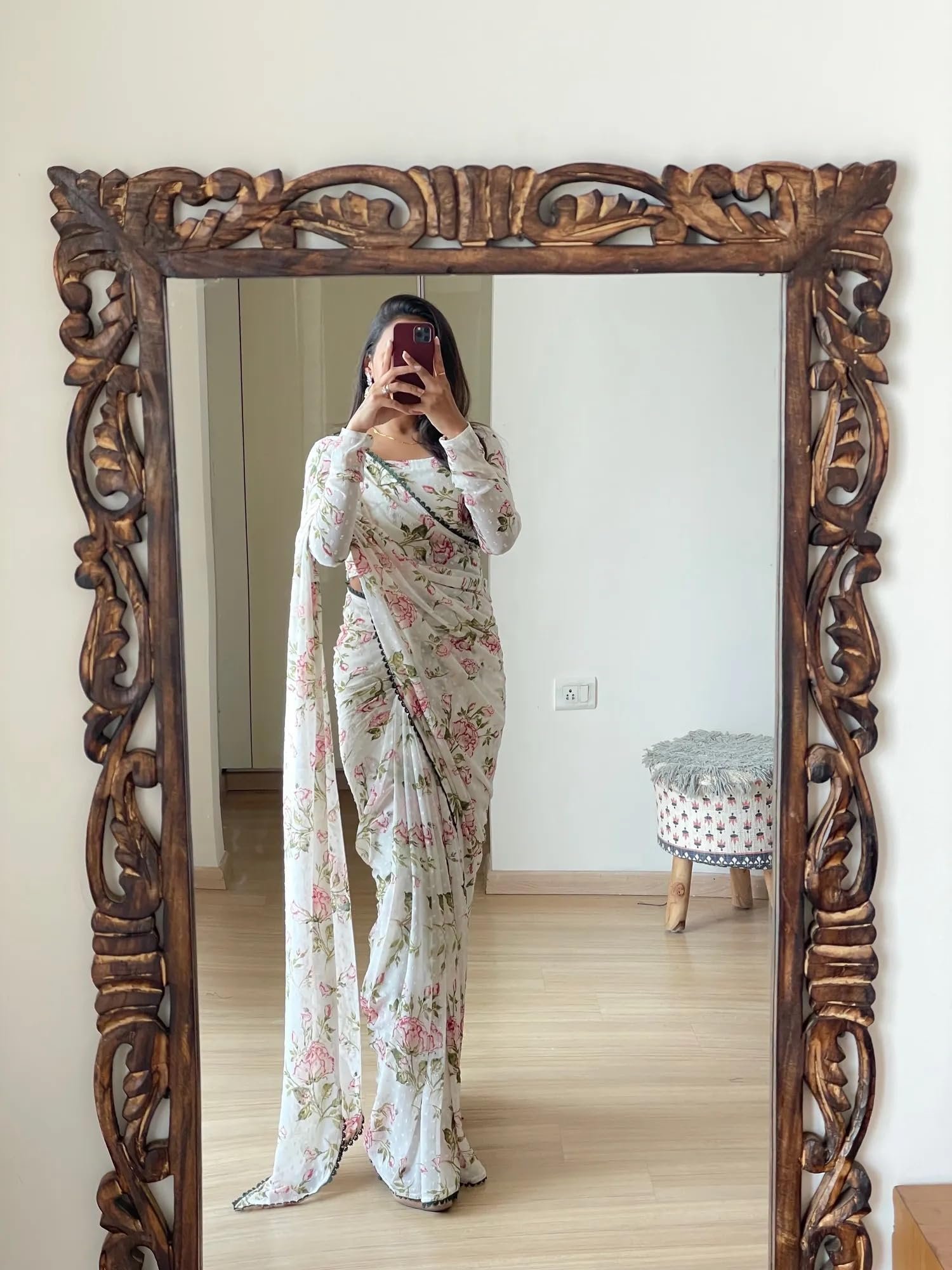 Sidhidata Women's Georgette Printed Ready To Wear one Minute Saree With Unstitched Blouse Piece (1000 Butty White_White_Free Size)