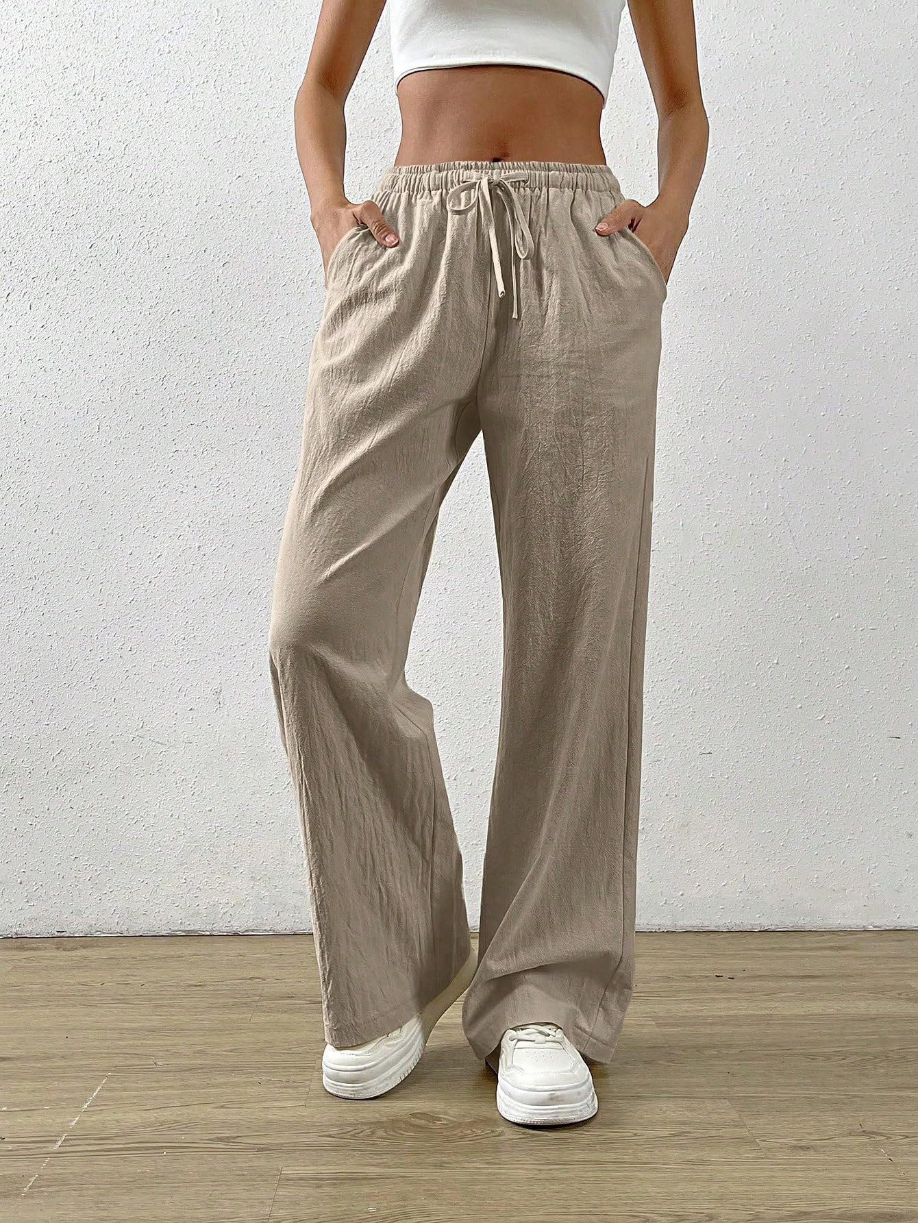 TOPLOT Women's Linen Blend Wide Leg Palazzo Pants | Elastic Drawstring Waist Trousers for Woman | Relaxed Fit Casual Lounge Trousers | Breathable Straight Leg Everyday Bottom Wear (5268-Cream-30)