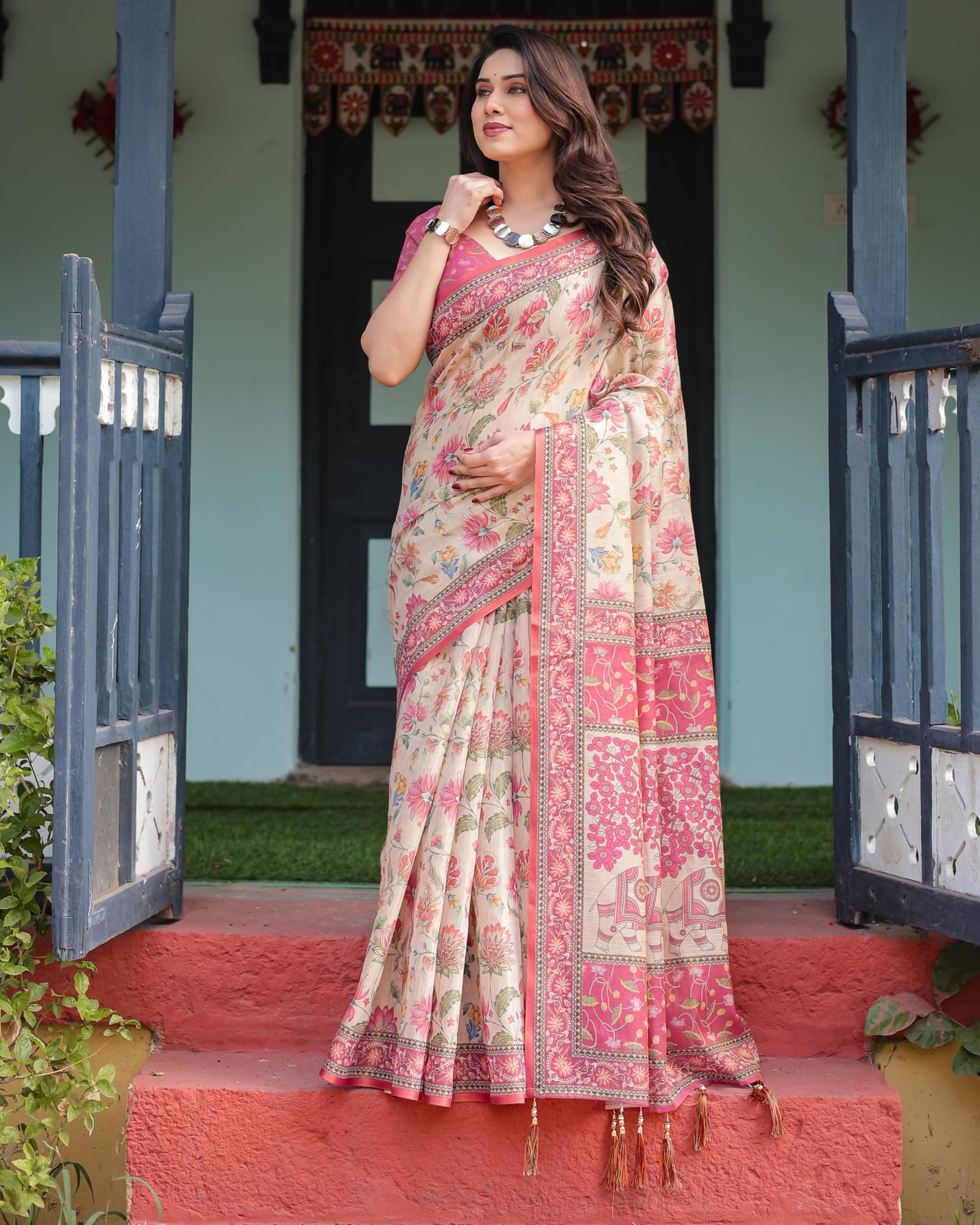 ALMAARI FASHION Traditional Cotton Silk Saree for Women with Floral Print, Pink Border, Tassels and Blouse Piece, Designer Saree, 5.5 Metres Off-White
