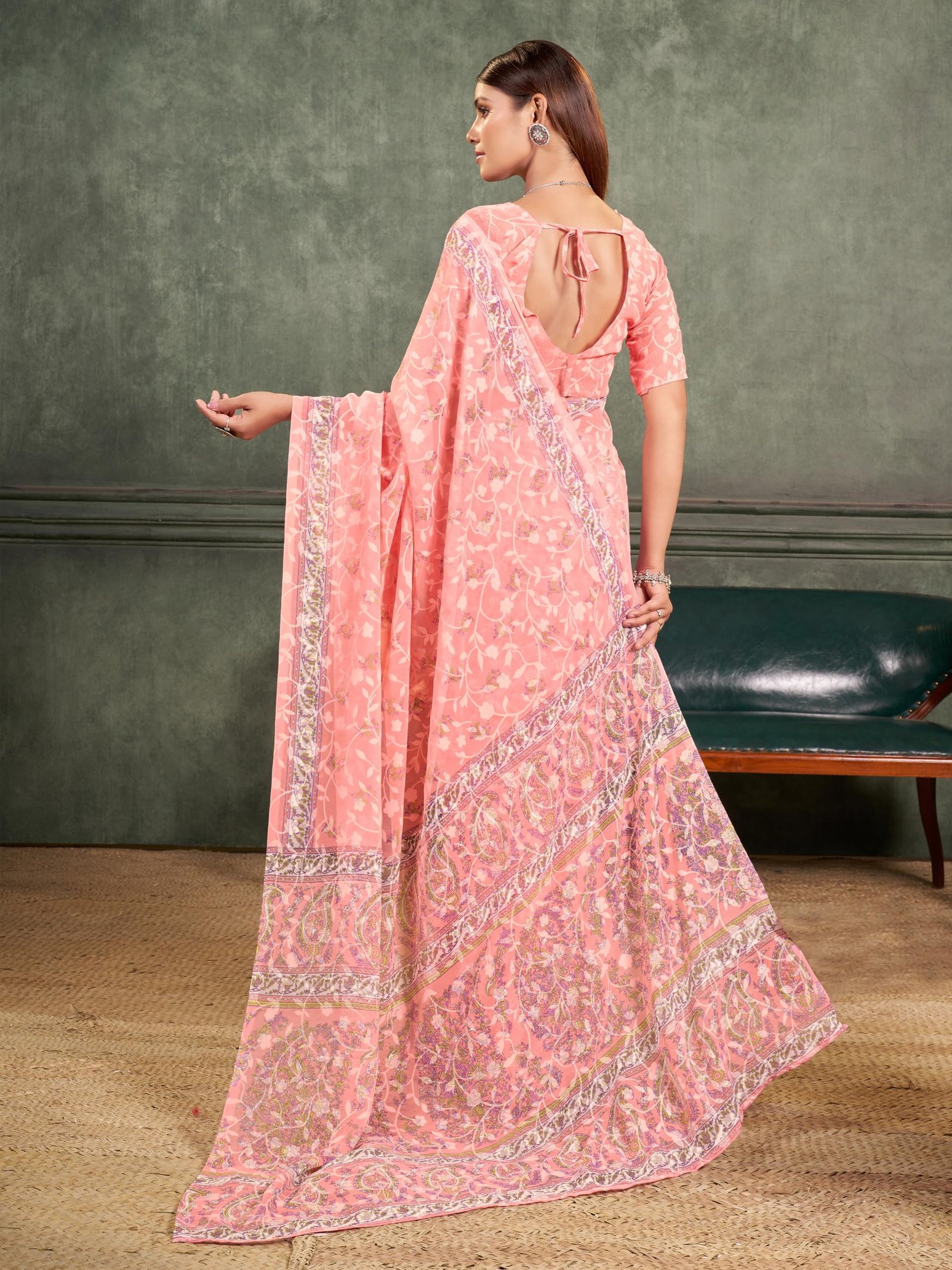 Garden Vareli Women Brasso Floral Print Saree With Unstitched Blouse Piece 62408 - Peach