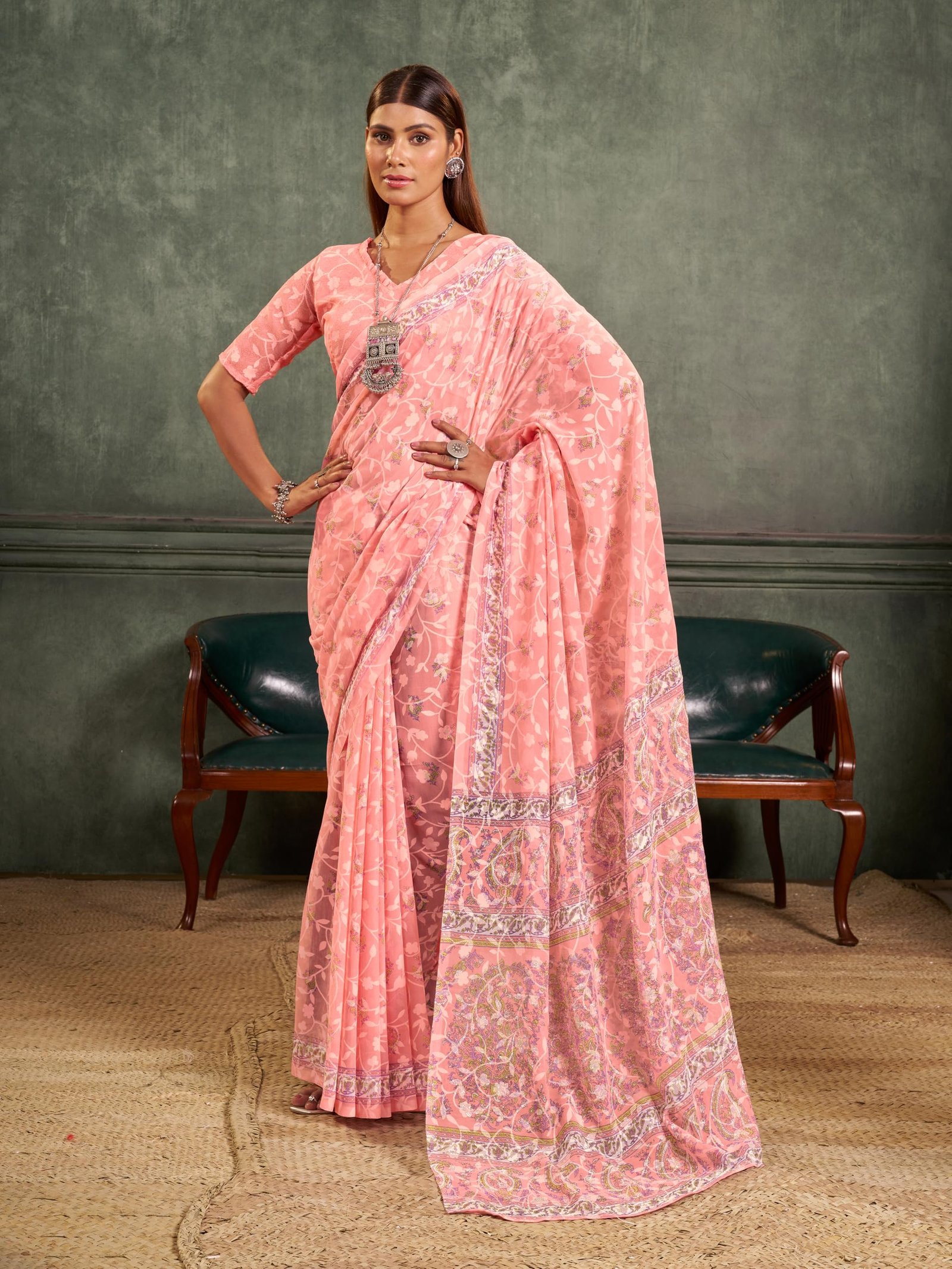 Garden Vareli Women Brasso Floral Print Saree With Unstitched Blouse Piece 62408 - Peach
