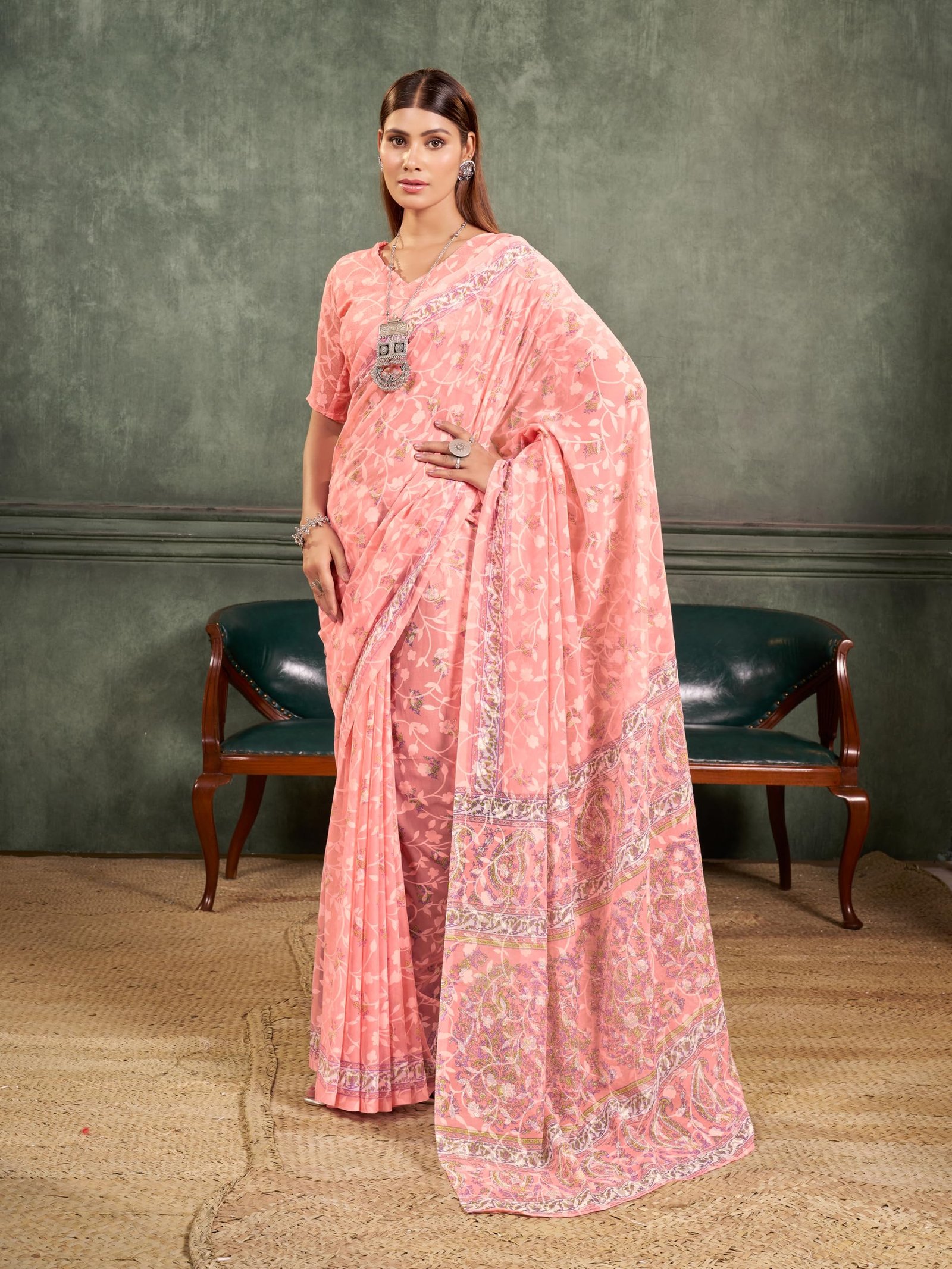 Garden Vareli Women Brasso Floral Print Saree With Unstitched Blouse Piece 62408 - Peach