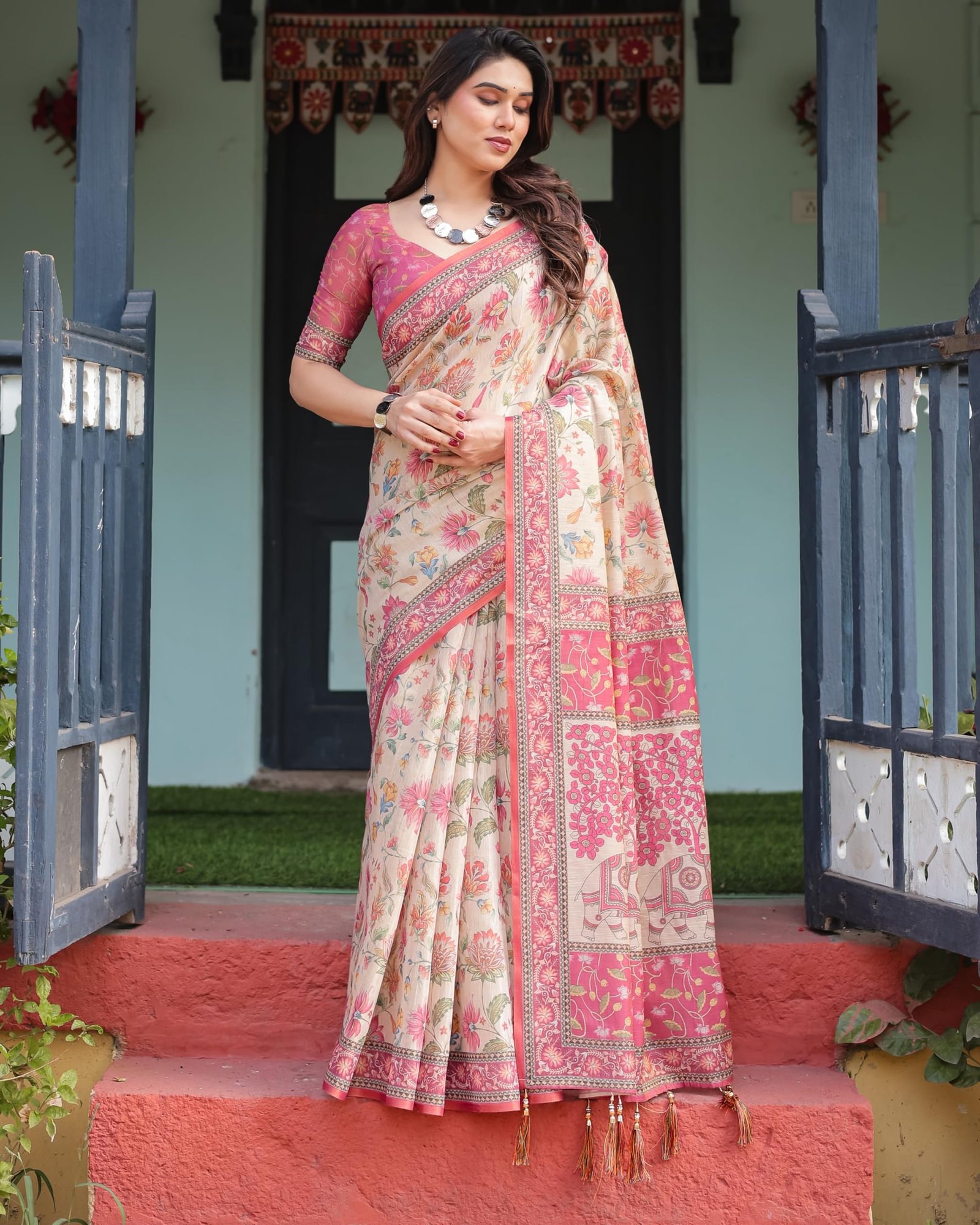 ALMAARI FASHION Traditional Cotton Silk Saree for Women with Floral Print, Pink Border, Tassels and Blouse Piece, Designer Saree, 5.5 Metres Off-White