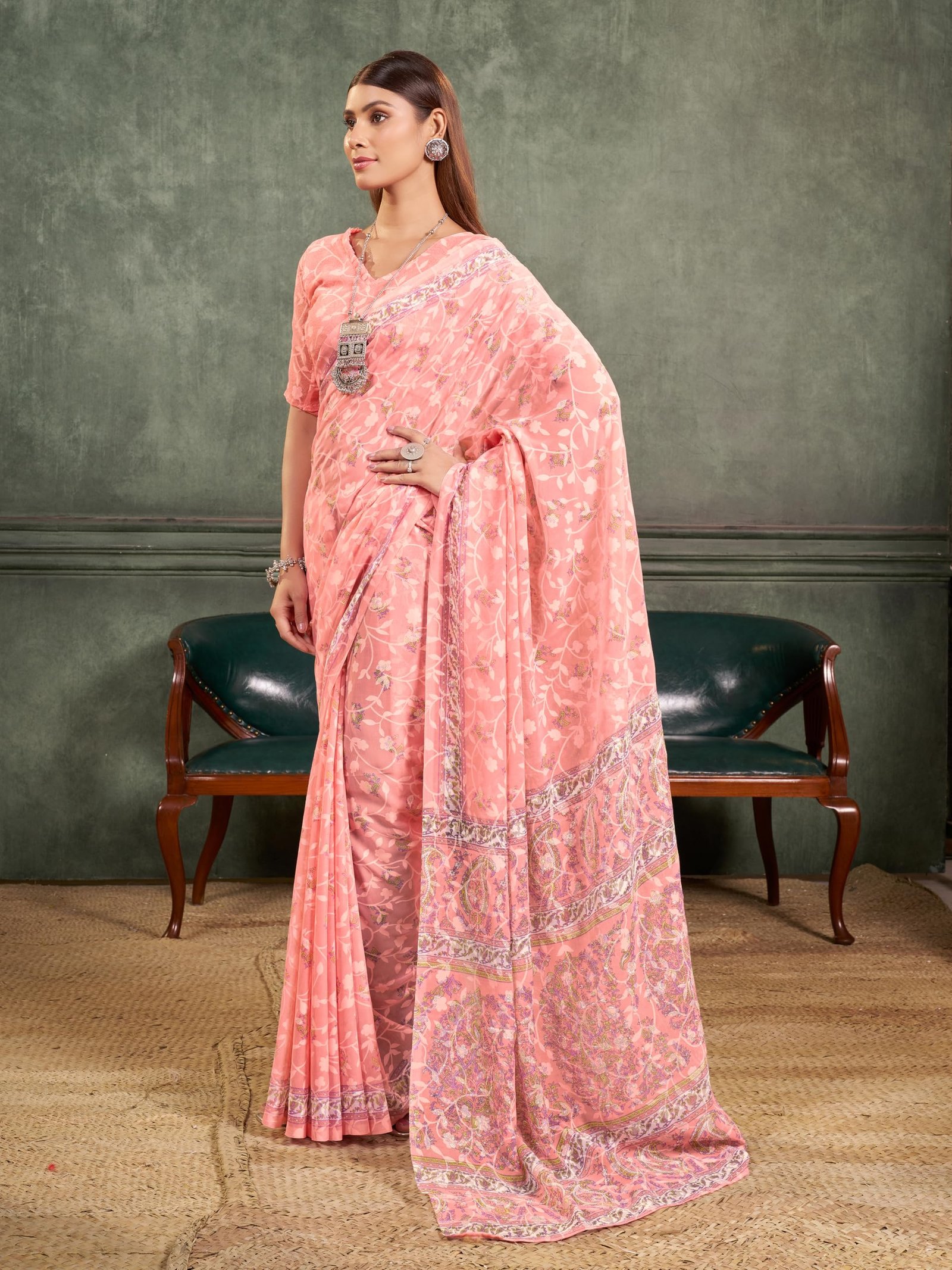 Garden Vareli Women Brasso Floral Print Saree With Unstitched Blouse Piece 62408 - Peach