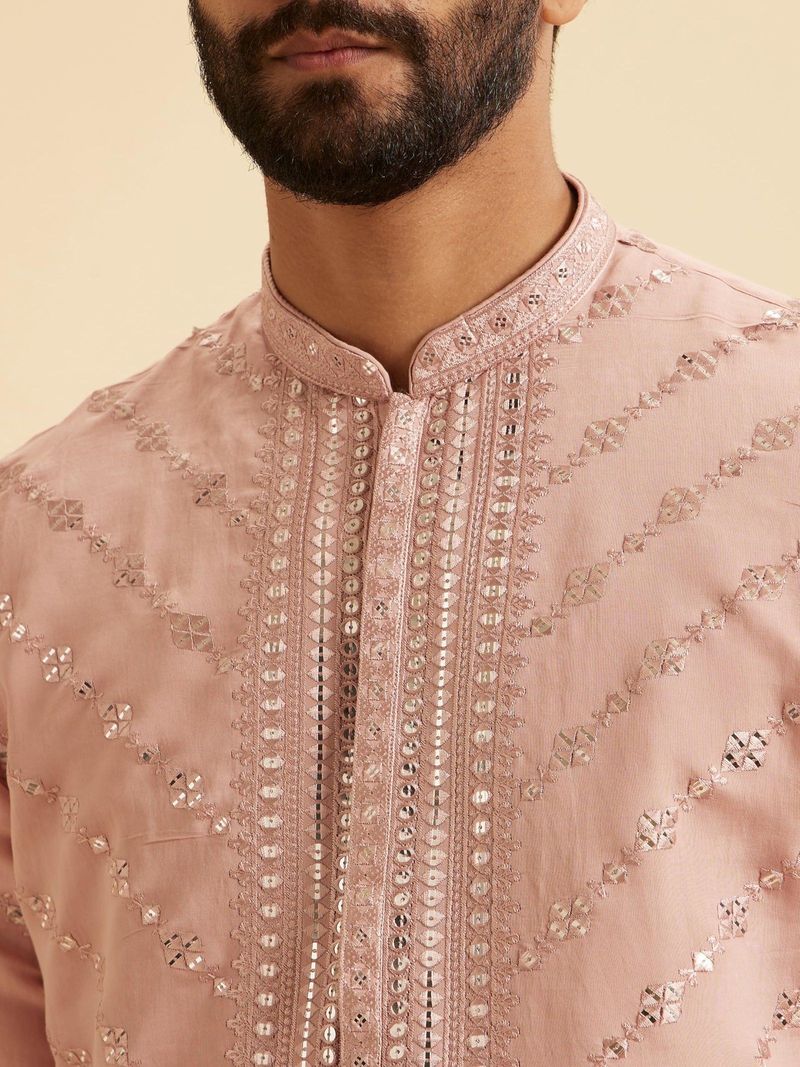 Manyavar Men's Art Silk Mirror Work Embroidered Kurta Pajama Set (Dusty Pink,XXL)